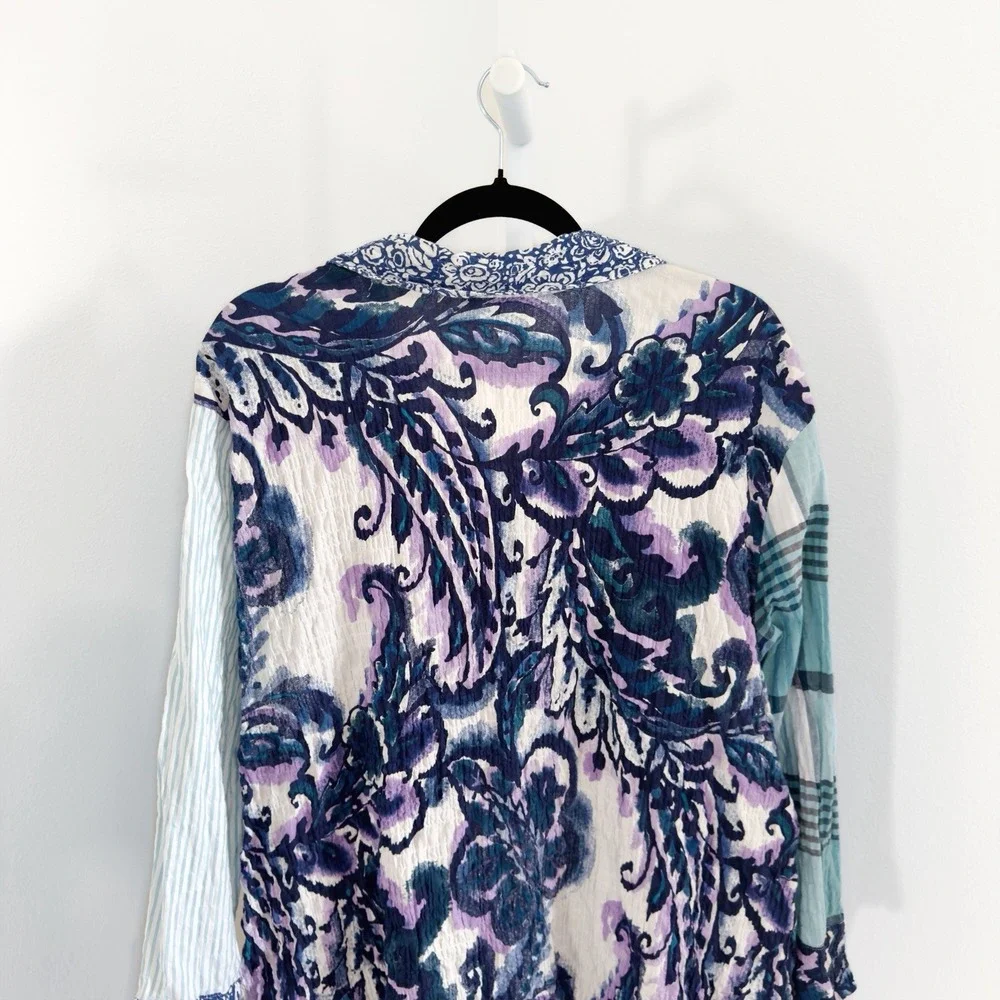 Habitat Top Womens XL Blue Floral Button Up Gauzy Crinkle Cotton Boho Coastal